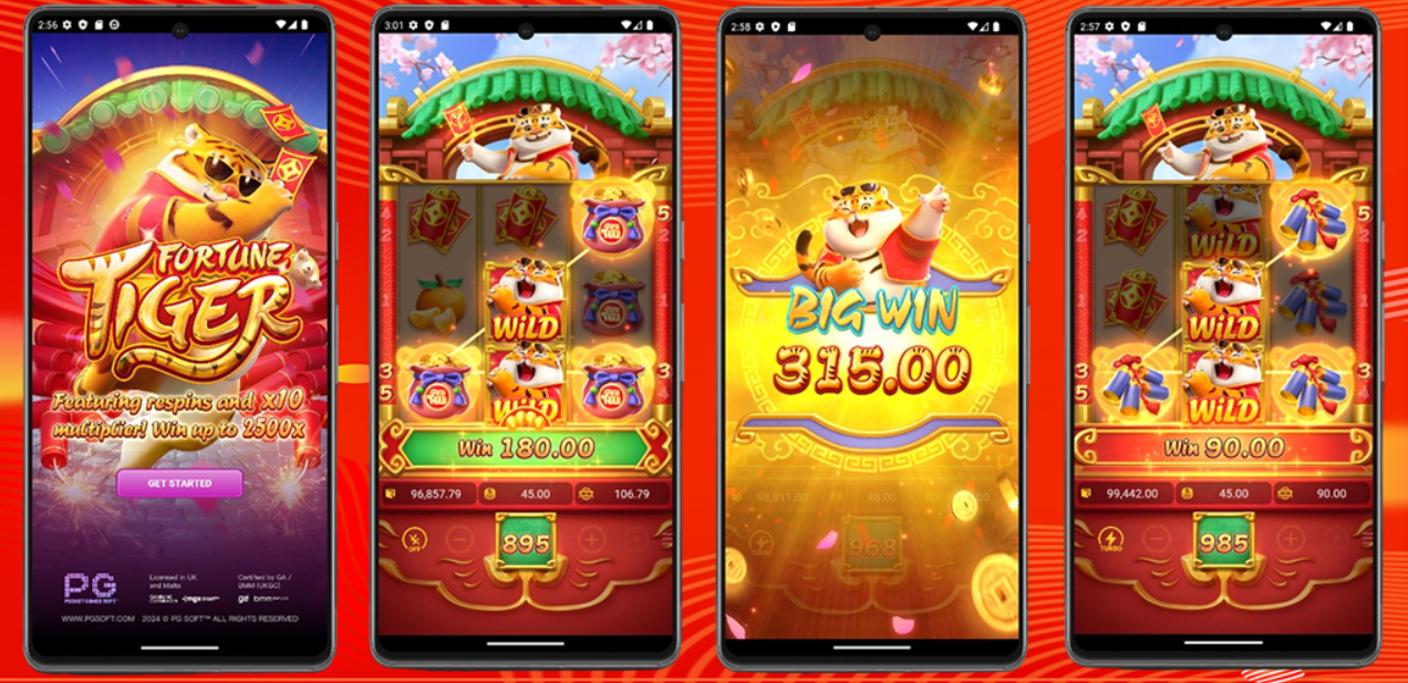 Fortune Tiger App interface on multiple mobile screens